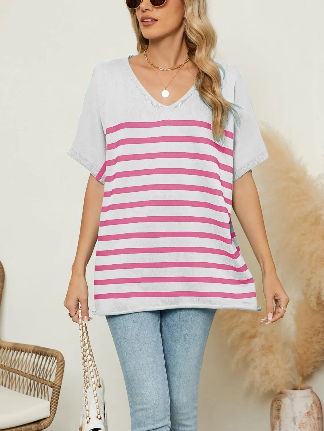 iChunhua Oversized T Shirts for Women Striped V-Neck Short Sleeve Casual Tee Summer Knit Sweater Tops