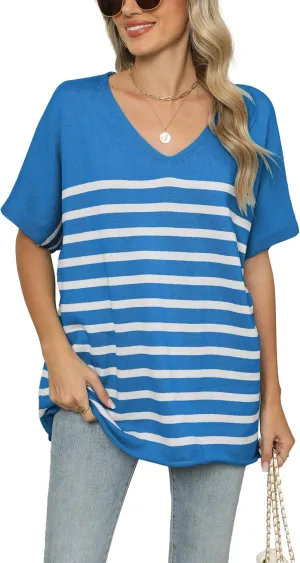 iChunhua Oversized T Shirts for Women Striped V-Neck Short Sleeve Casual Tee Summer Knit Sweater Tops