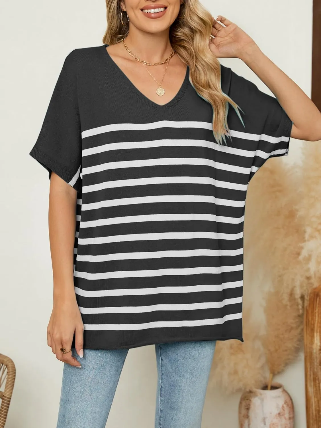 iChunhua Oversized T Shirts for Women Striped V-Neck Short Sleeve Casual Tee Summer Knit Sweater Tops