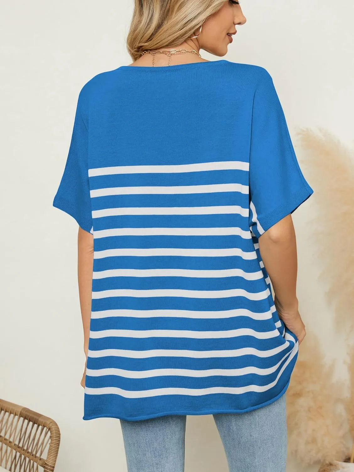 iChunhua Oversized T Shirts for Women Striped V-Neck Short Sleeve Casual Tee Summer Knit Sweater Tops