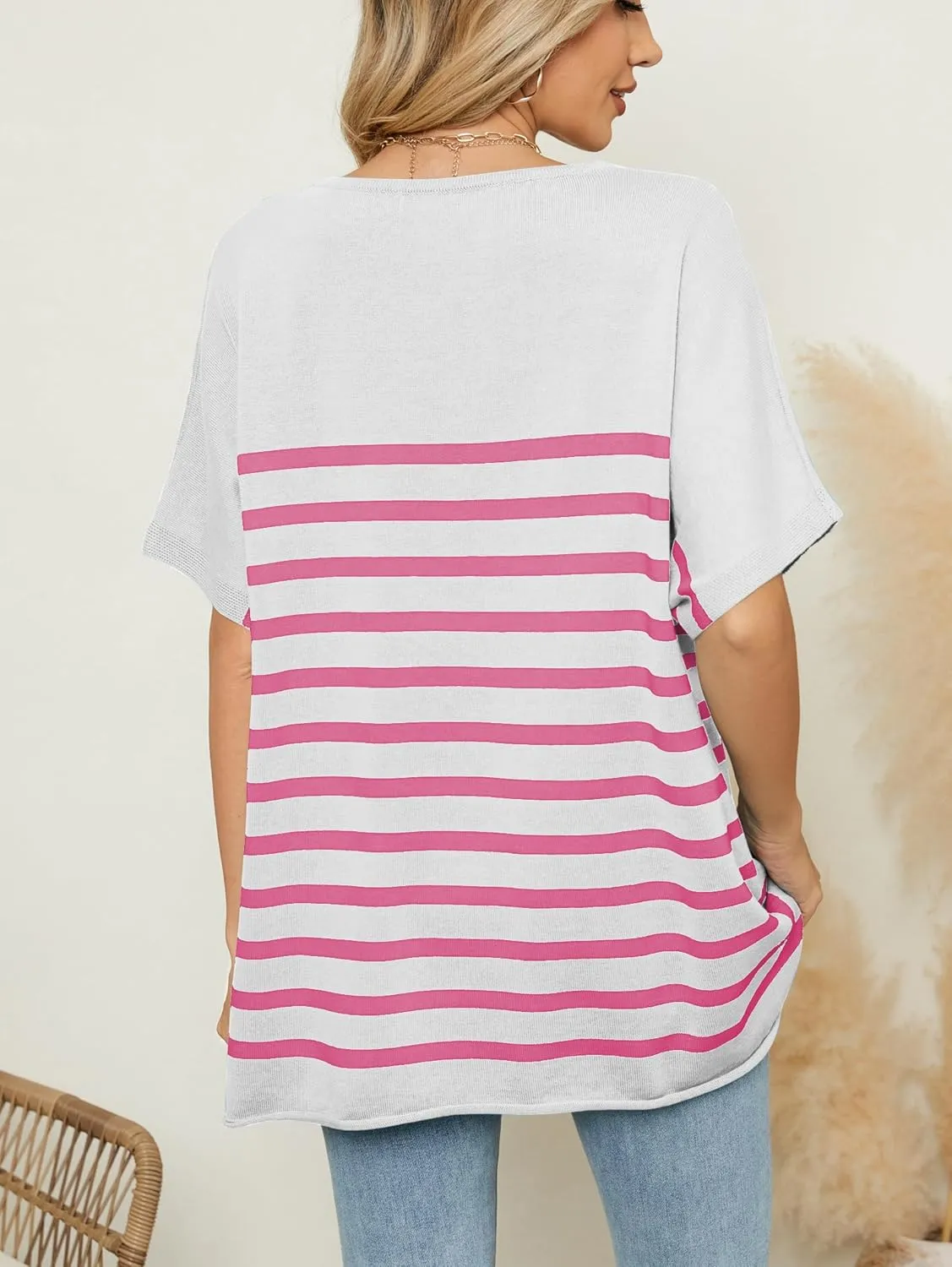 iChunhua Oversized T Shirts for Women Striped V-Neck Short Sleeve Casual Tee Summer Knit Sweater Tops