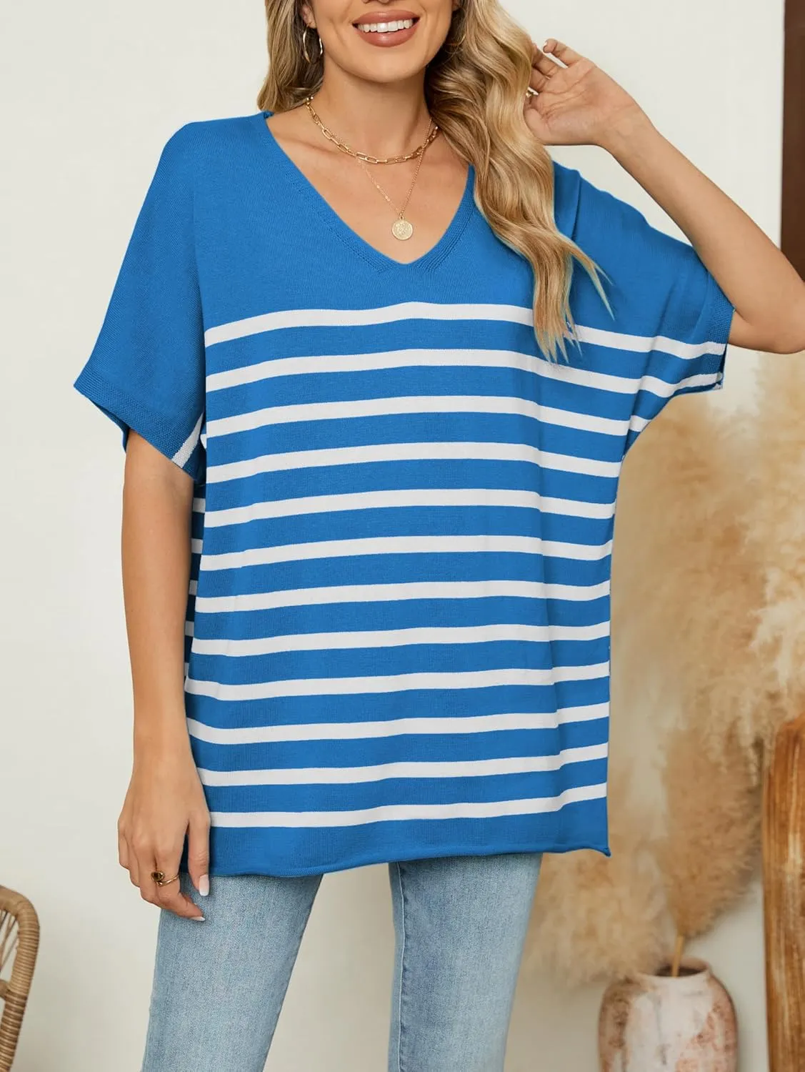 iChunhua Oversized T Shirts for Women Striped V-Neck Short Sleeve Casual Tee Summer Knit Sweater Tops