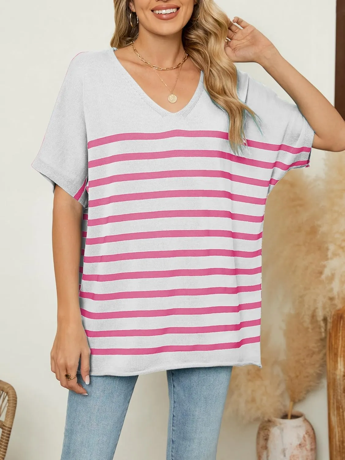 iChunhua Oversized T Shirts for Women Striped V-Neck Short Sleeve Casual Tee Summer Knit Sweater Tops
