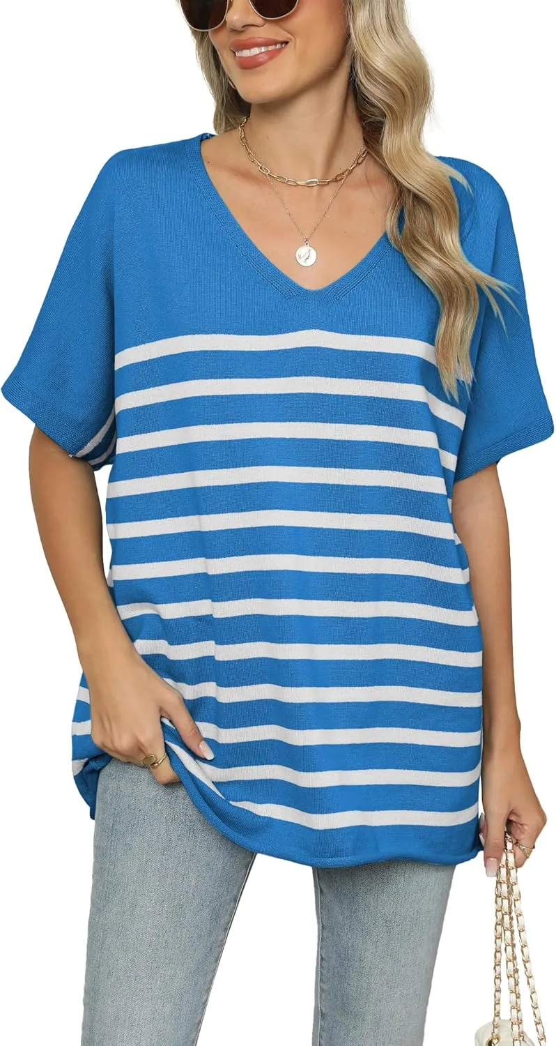 iChunhua Oversized T Shirts for Women Striped V-Neck Short Sleeve Casual Tee Summer Knit Sweater Tops