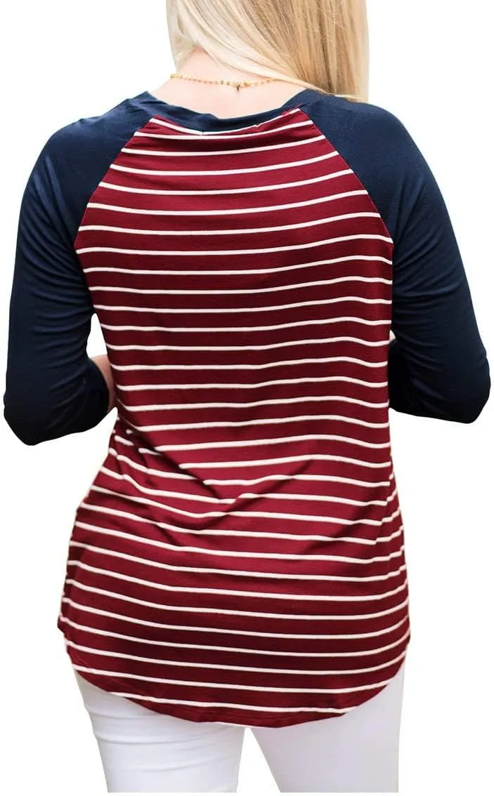 INFITTY Women's 3/4 Sleeve Raglan Striped T Shirt Baseball Tunic Tops Blouse