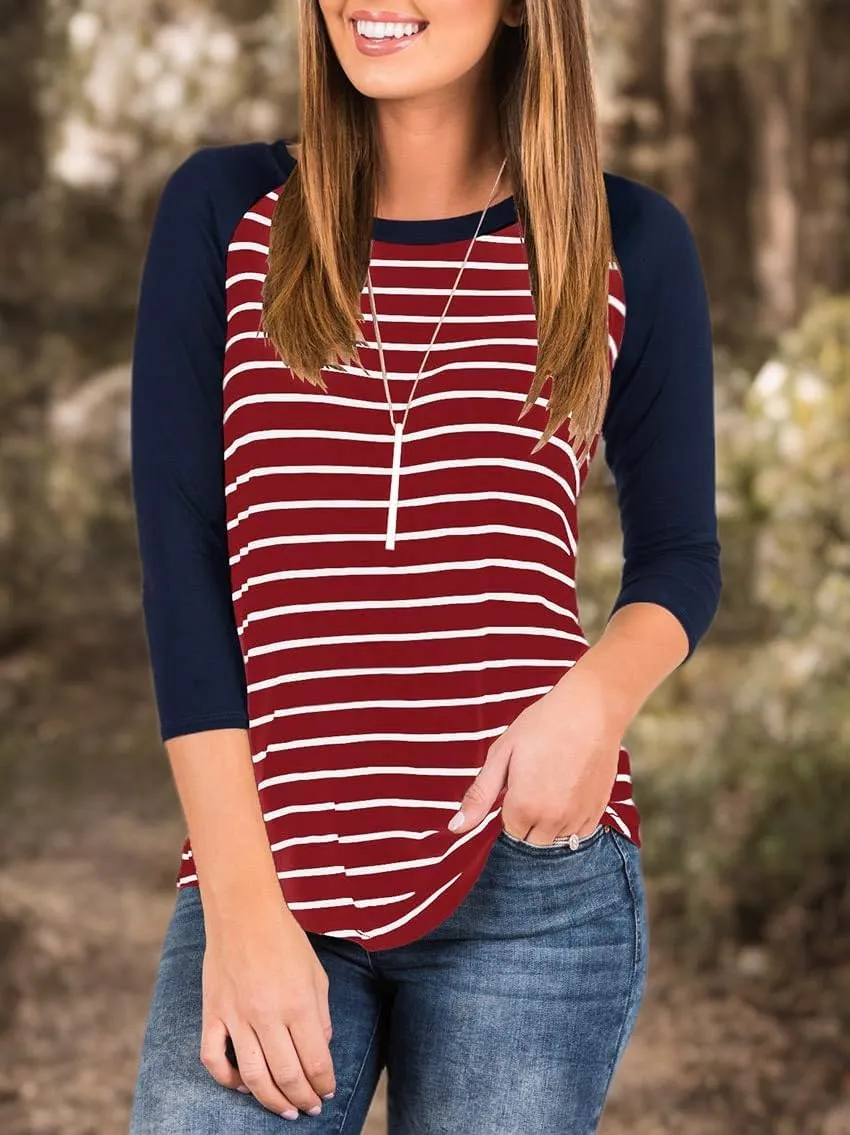 INFITTY Women's 3/4 Sleeve Raglan Striped T Shirt Baseball Tunic Tops Blouse
