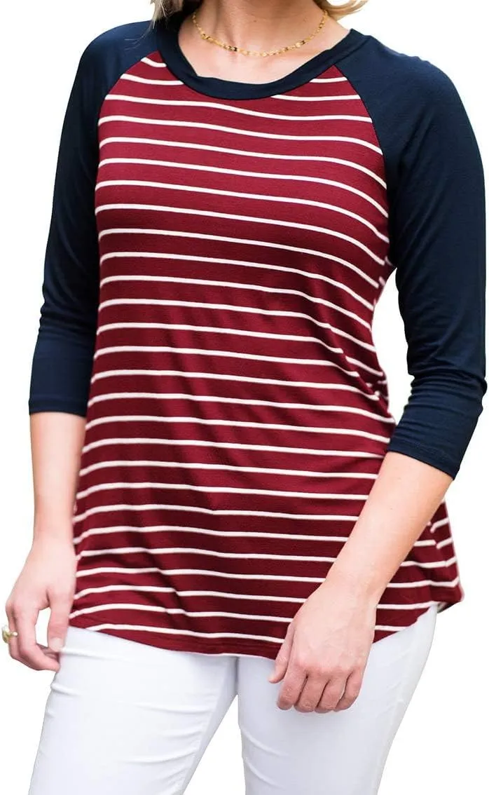 INFITTY Women's 3/4 Sleeve Raglan Striped T Shirt Baseball Tunic Tops Blouse