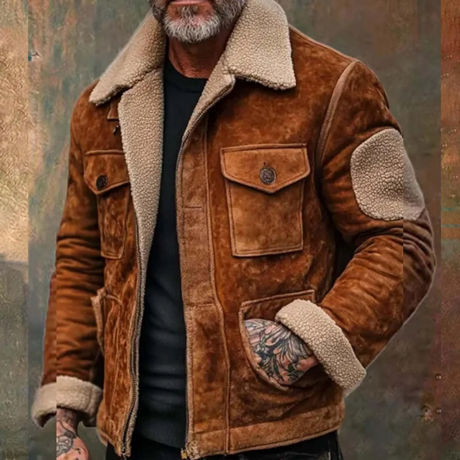 Jacket Mens Size Fall And Winter Jacket Lapel Long Sleeve Padded Leather Jacket Vintage Coat Jacket Warm Wool Blend