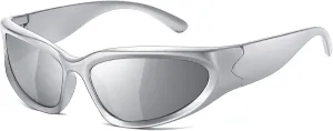 JASPIN Y2K Wrap Around Sunglasses for Women Men Sliver Oval Fashion Trendy Sport Shades UV400 Eyeglasses