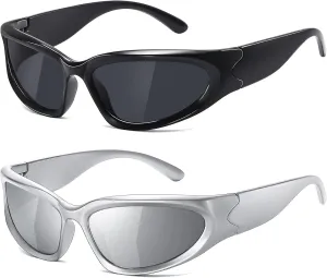 JASPIN Y2K Wrap Around Sunglasses for Women Men Sliver Oval Fashion Trendy Sport Shades UV400 Eyeglasses