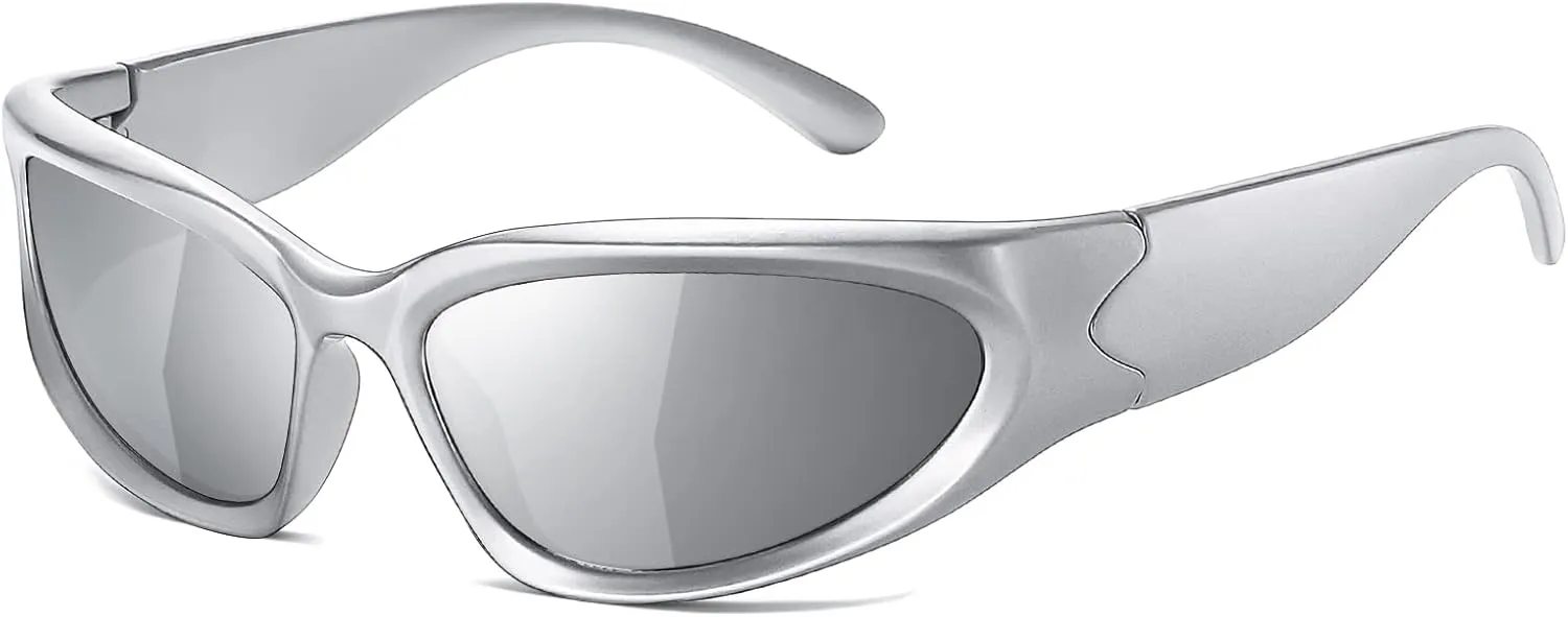 JASPIN Y2K Wrap Around Sunglasses for Women Men Sliver Oval Fashion Trendy Sport Shades UV400 Eyeglasses