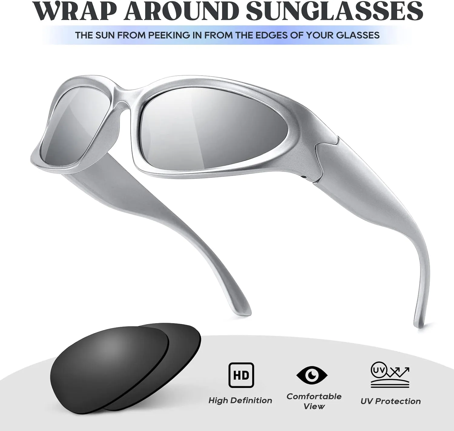 JASPIN Y2K Wrap Around Sunglasses for Women Men Sliver Oval Fashion Trendy Sport Shades UV400 Eyeglasses