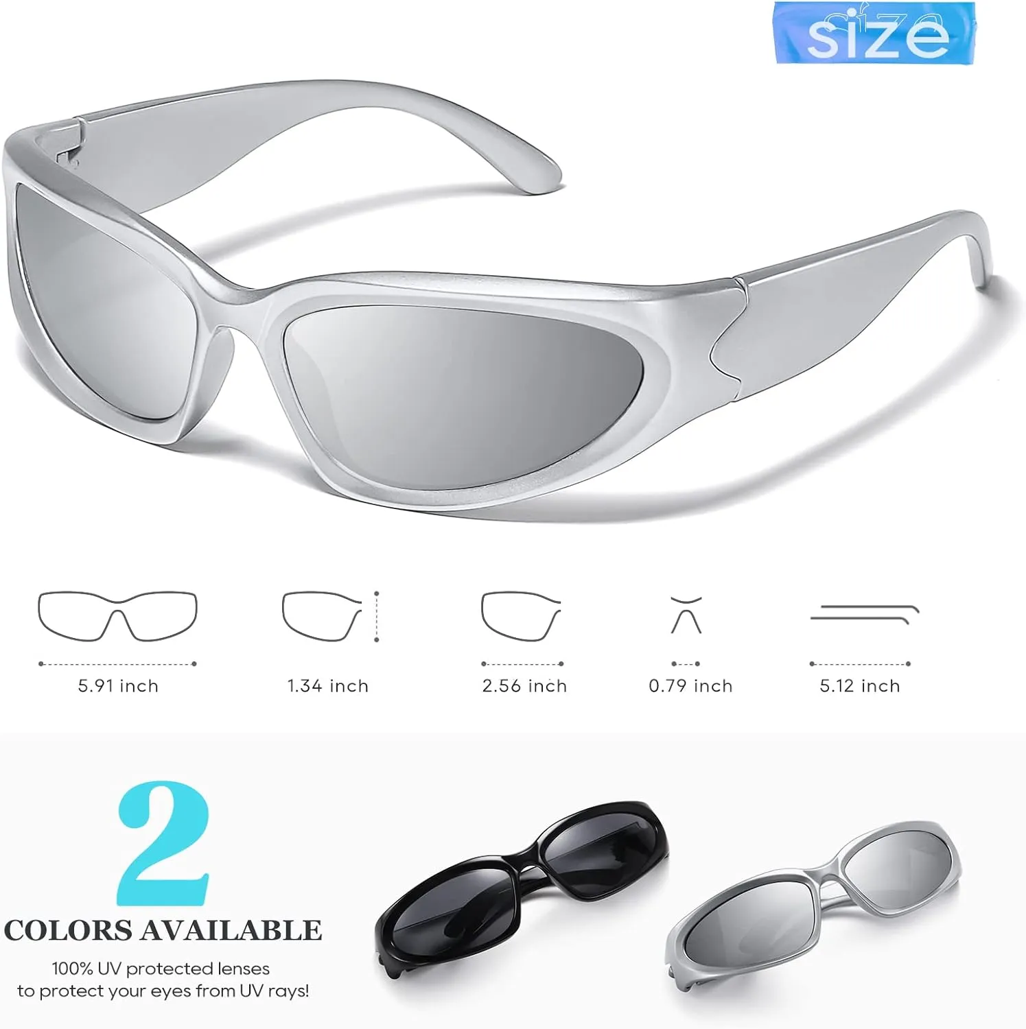JASPIN Y2K Wrap Around Sunglasses for Women Men Sliver Oval Fashion Trendy Sport Shades UV400 Eyeglasses