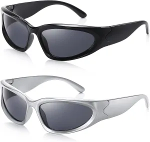 JASPIN Y2K Wrap Around Sunglasses for Women Men Sliver Oval Fashion Trendy Sport Shades UV400 Eyeglasses