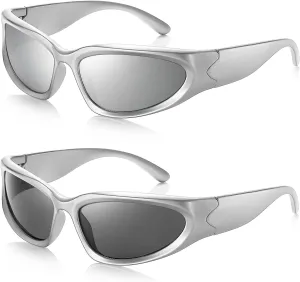 JASPIN Y2K Wrap Around Sunglasses for Women Men Sliver Oval Fashion Trendy Sport Shades UV400 Eyeglasses