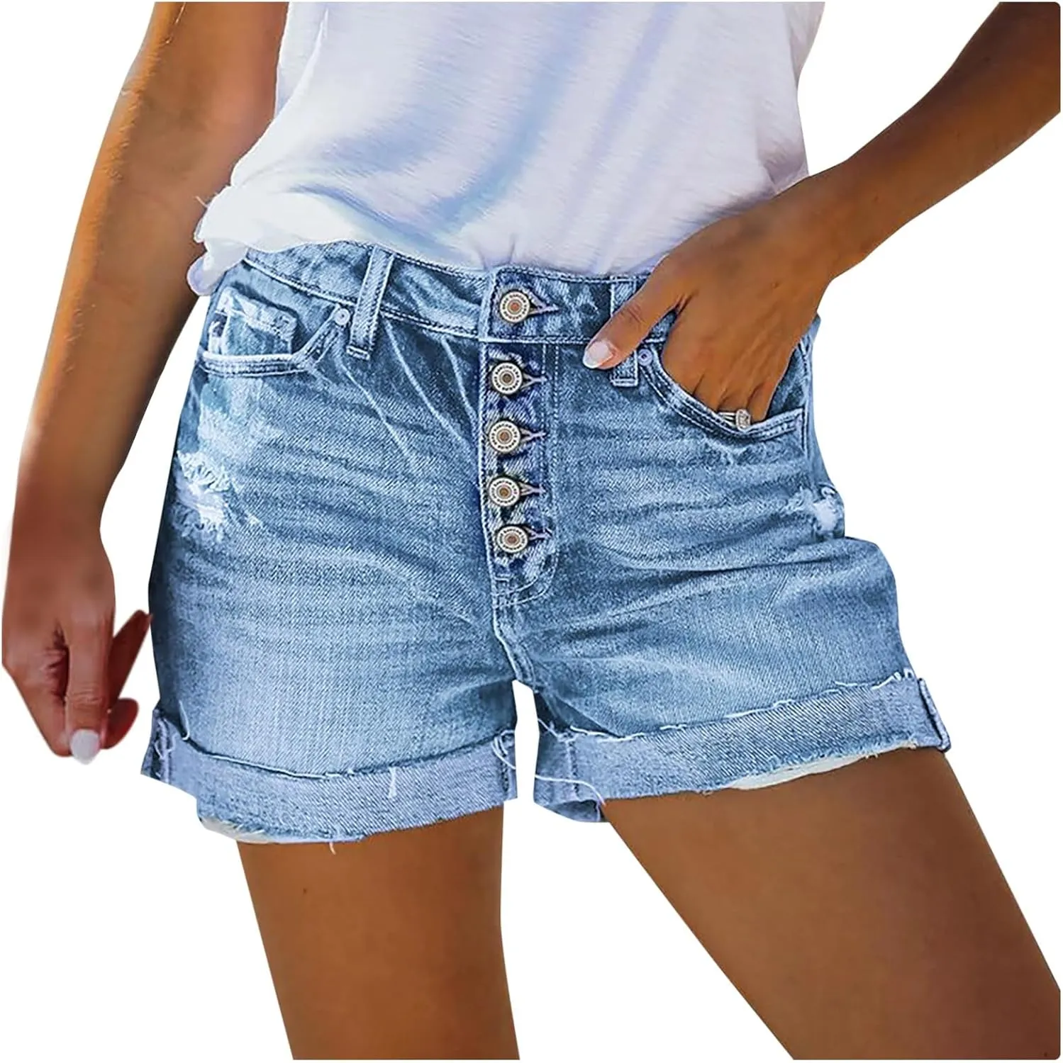 Jean Shorts for Women Sexy Ripped Mid Rise Summer Hot Raw Hem Denim Shorts with Pockets Fashion Street Casual Shorts