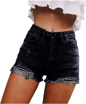 Jean Shorts for Women Trendy High Waisted Stretchy Denim Shorts Summer Casual Baggy Raw Hem Mom Shorts Cutoff Jorts