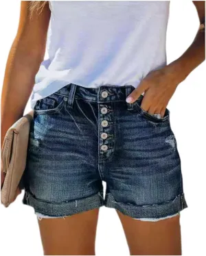Jean Shorts Women Mid Rise Ripped Jean Shorts Stretchy Retro Denim Shorts Folded Hem Hot Short