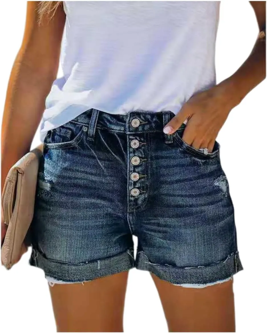 Jean Shorts Women Mid Rise Ripped Jean Shorts Stretchy Retro Denim Shorts Folded Hem Hot Short