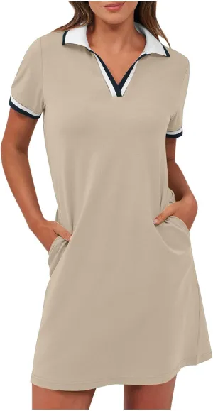 jsaierl Women Button Down V Neck Shirt Dress Summer Casual Loose Shift Dress Striped Print Sundress Golf Dress with Pocket
