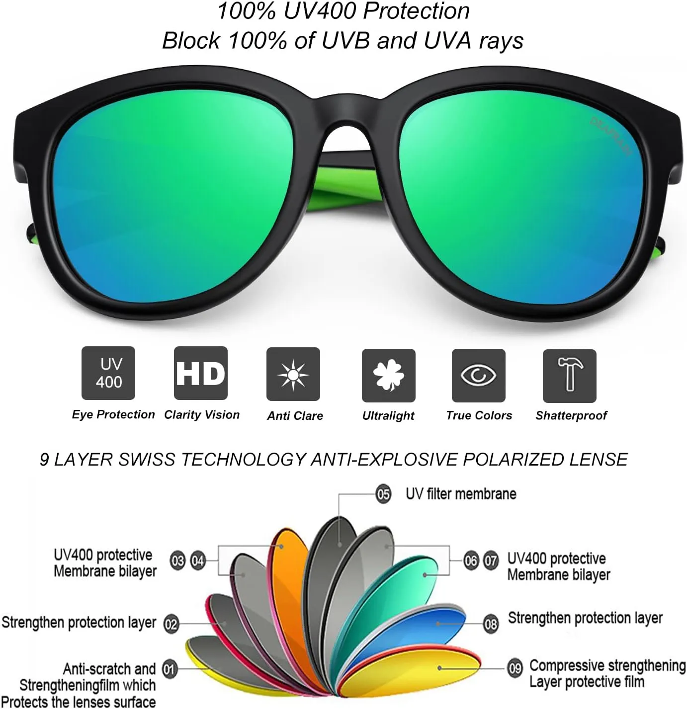 Kids Sunglasses Polarized Sport TPEE Unbreakable Flexible UV Protection for Boys Girls Age 6-12