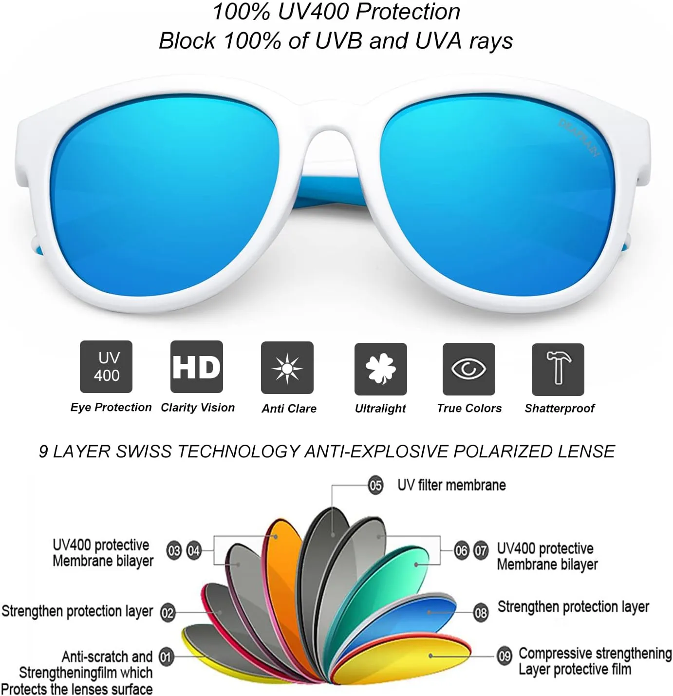 Kids Sunglasses Polarized Sport TPEE Unbreakable Flexible UV Protection for Boys Girls Age 6-12