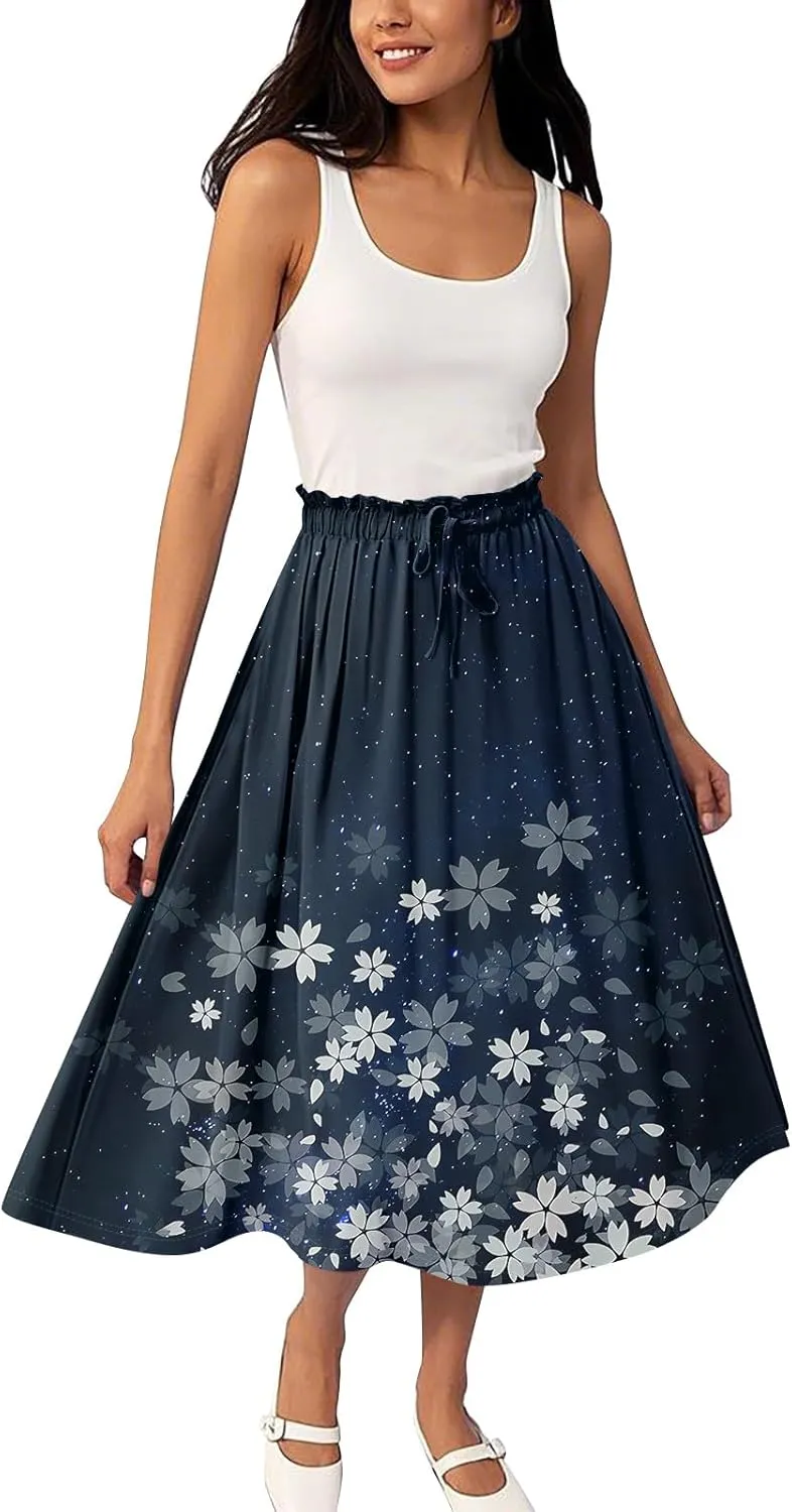 Knee Length Skirt for Women High Waist Flowy A-Line Casual Summer Skirt Trendy