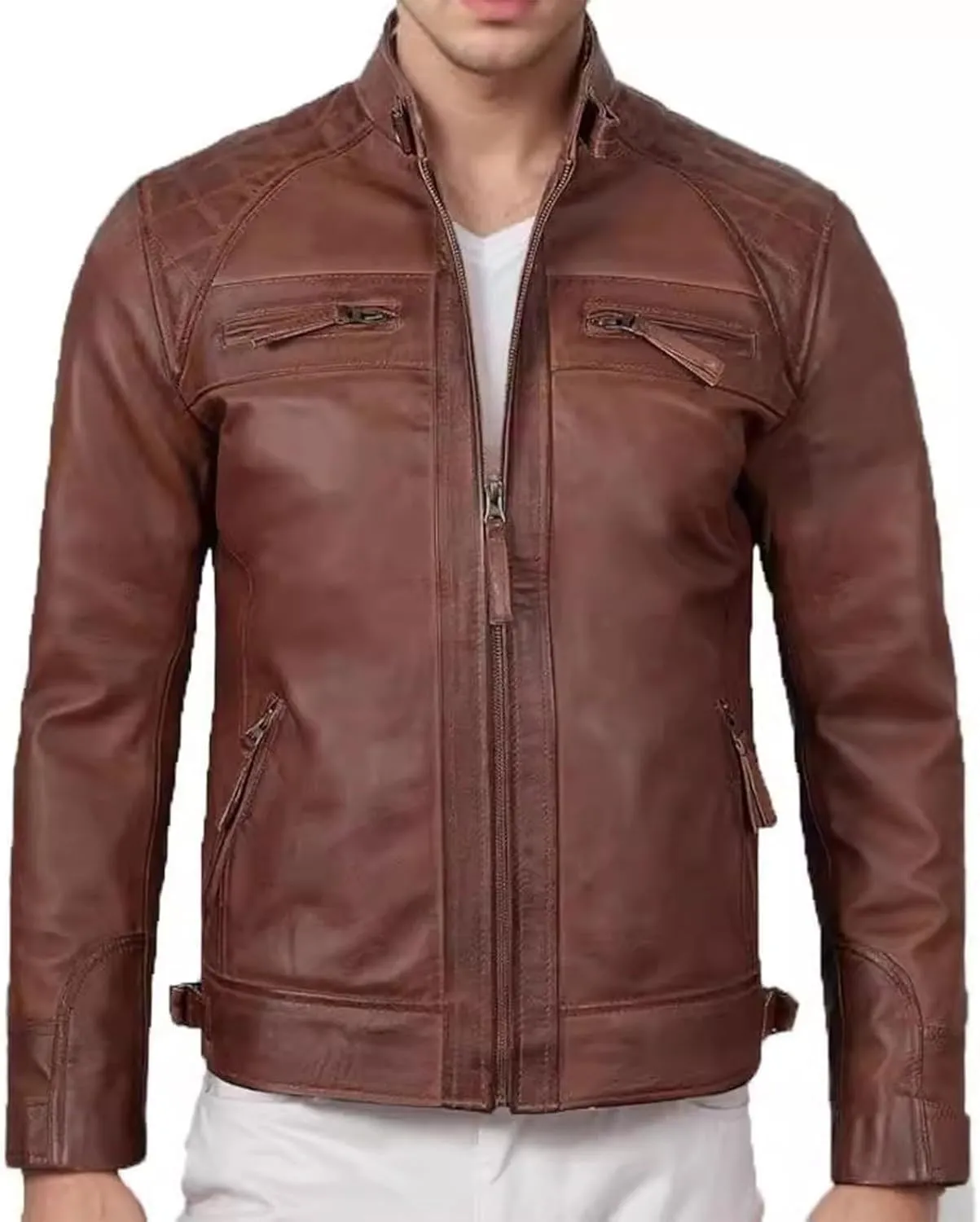 Leather Motorcycle Jacket Men - Stand Collar Punk Motorcycle Leather Jackets Long Sleeve Zipper Biker Coats Outwear