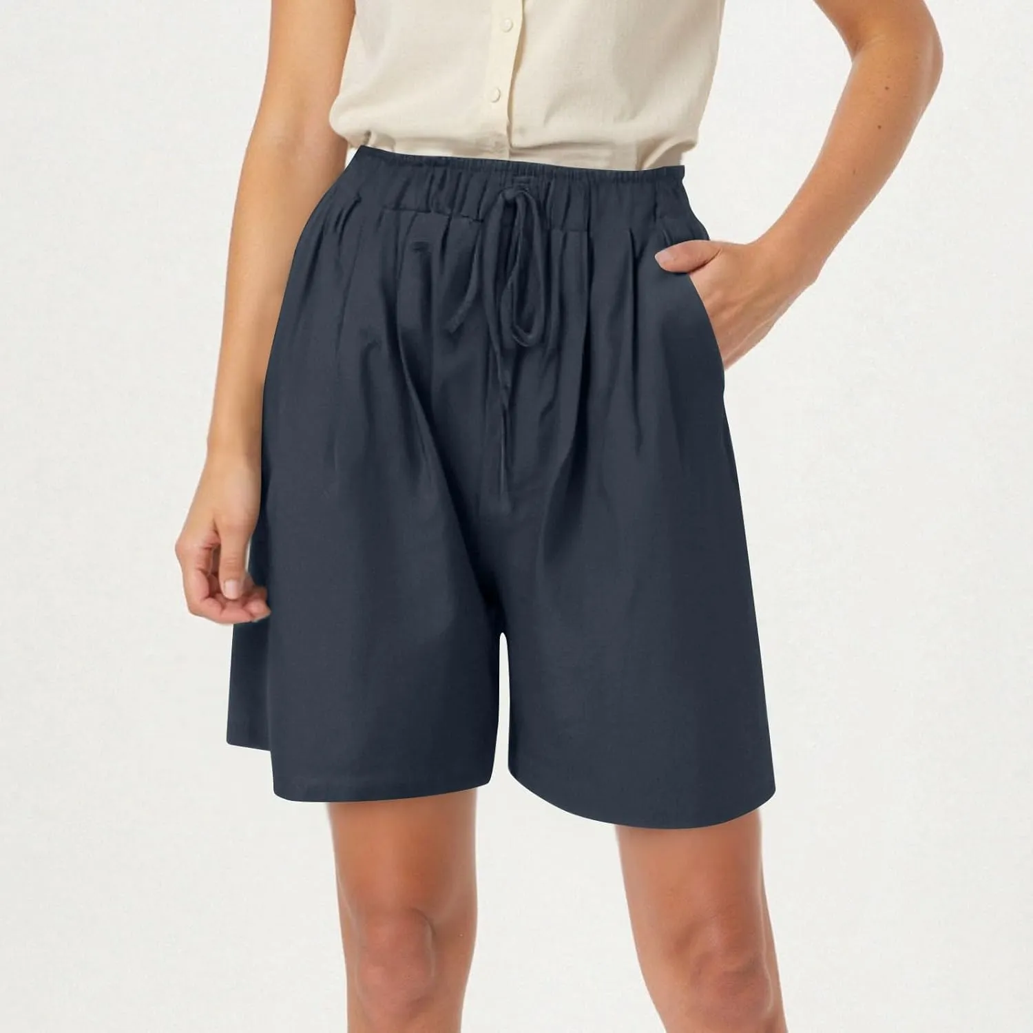 Linen Bermuda Shorts for Women Wide Leg Elastic Waisted Shorts Casual Summer Flowy Trouser Short Pants with Pockets