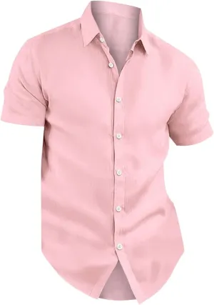 Linen Shirts for Men Short Sleeve Vintage Short Sleeve Button Down Cuban Guayabera Shirt Solid Casual Beach Tee Tops
