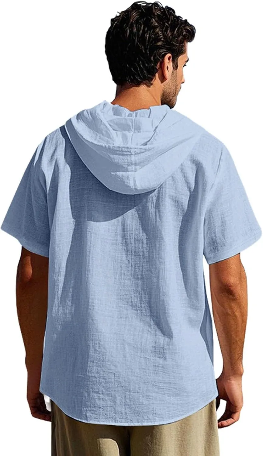 Linen Shirts for Mens Fashion Summer Cotton Linen Hooded Shirt Short Sleeve Casual Button Down Hipster Beach Blouses