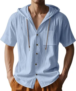 Linen Shirts for Mens Fashion Summer Cotton Linen Hooded Shirt Short Sleeve Casual Button Down Hipster Beach Blouses