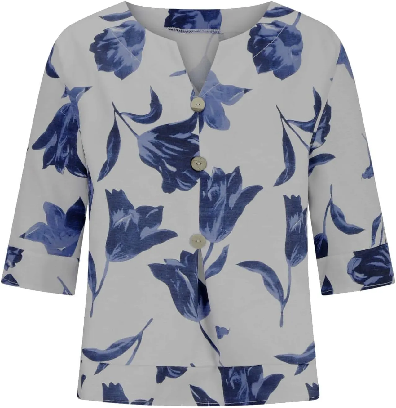Linen Shirts for Women Button V Neck 3/4 Sleeve Cotton Linen Shirt Blouse Floral Loose Summer Vacation Beach Tee Top