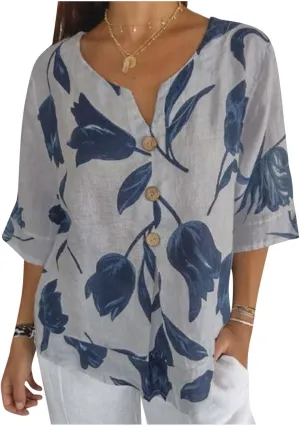 Linen Shirts for Women Button V Neck 3/4 Sleeve Cotton Linen Shirt Blouse Floral Loose Summer Vacation Beach Tee Top