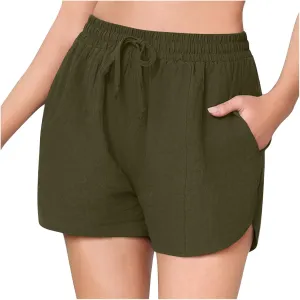 Linen Shorts for Women 2025 Trendy Summer Plus Size Comfy Drawstring Casual Pants Elastic Waist Wide Leg Shorts