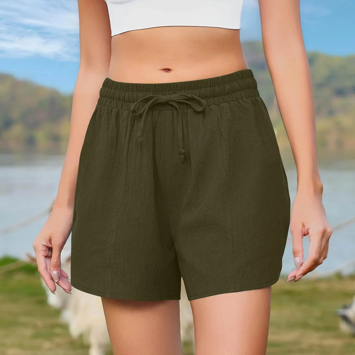 Linen Shorts for Women 2025 Trendy Summer Plus Size Comfy Drawstring Casual Pants Elastic Waist Wide Leg Shorts