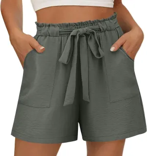 Linen Shorts for Women High Waisted Cotton Shorts Wide Leg Drawstring Pants Elastic Waist Short Pants with Pockets