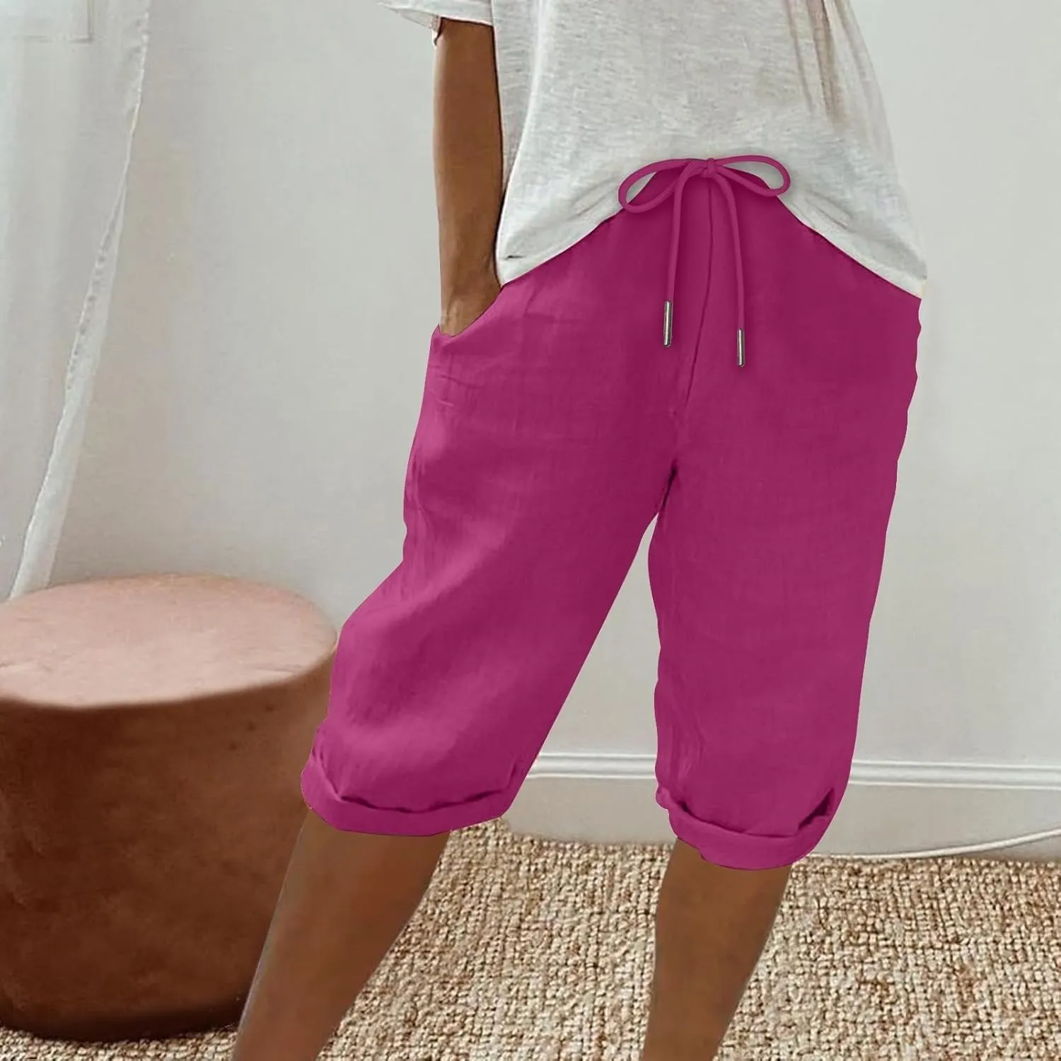 Linen Shorts for Women Knee Length Bermuda Shorts Drawstring Elastic Waist Summer Casual Gym Shorts with Pockets