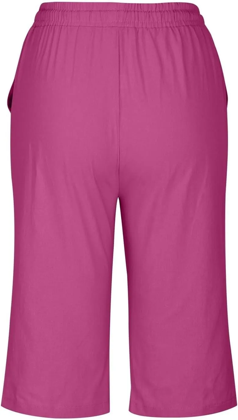 Linen Shorts for Women Knee Length Bermuda Shorts Drawstring Elastic Waist Summer Casual Gym Shorts with Pockets