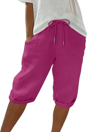Linen Shorts for Women Knee Length Bermuda Shorts Drawstring Elastic Waist Summer Casual Gym Shorts with Pockets