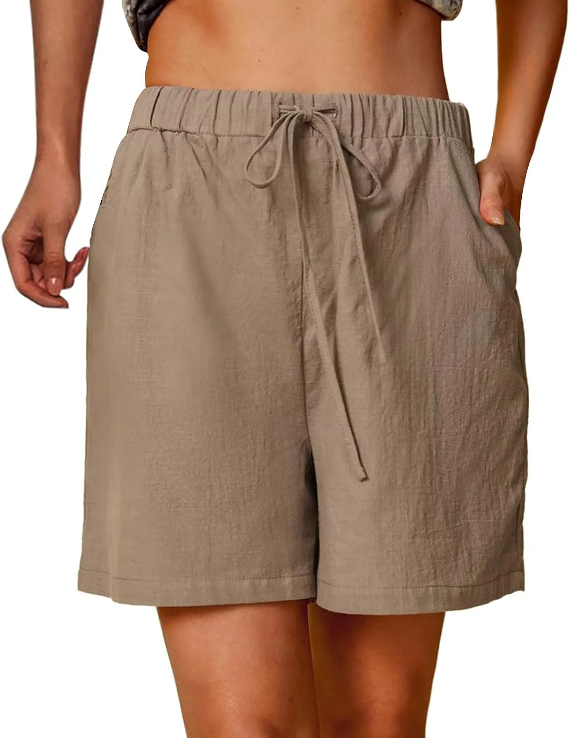 Linen Shorts for Women Plus Size Casual Loose Elastic Drawstring Summer Beach Bermuda Shorts with Pocket