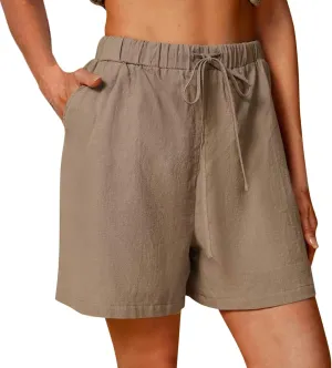 Linen Shorts for Women Plus Size Casual Loose Elastic Drawstring Summer Beach Bermuda Shorts with Pocket