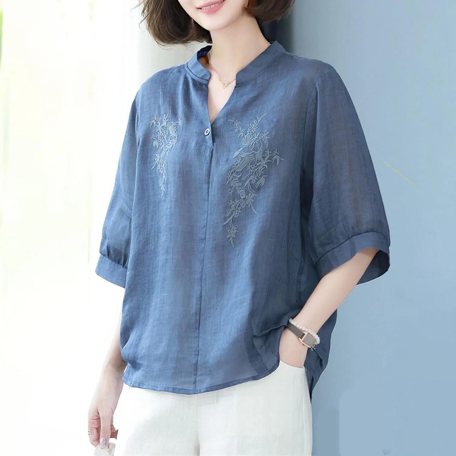 Linen Tops for Women Sleeve Casual Loose V Neck Cotton Linen Tee Shirts Ethnic Embroidered 2025 Trendy Summer Tops