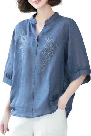 Linen Tops for Women Sleeve Casual Loose V Neck Cotton Linen Tee Shirts Ethnic Embroidered 2025 Trendy Summer Tops