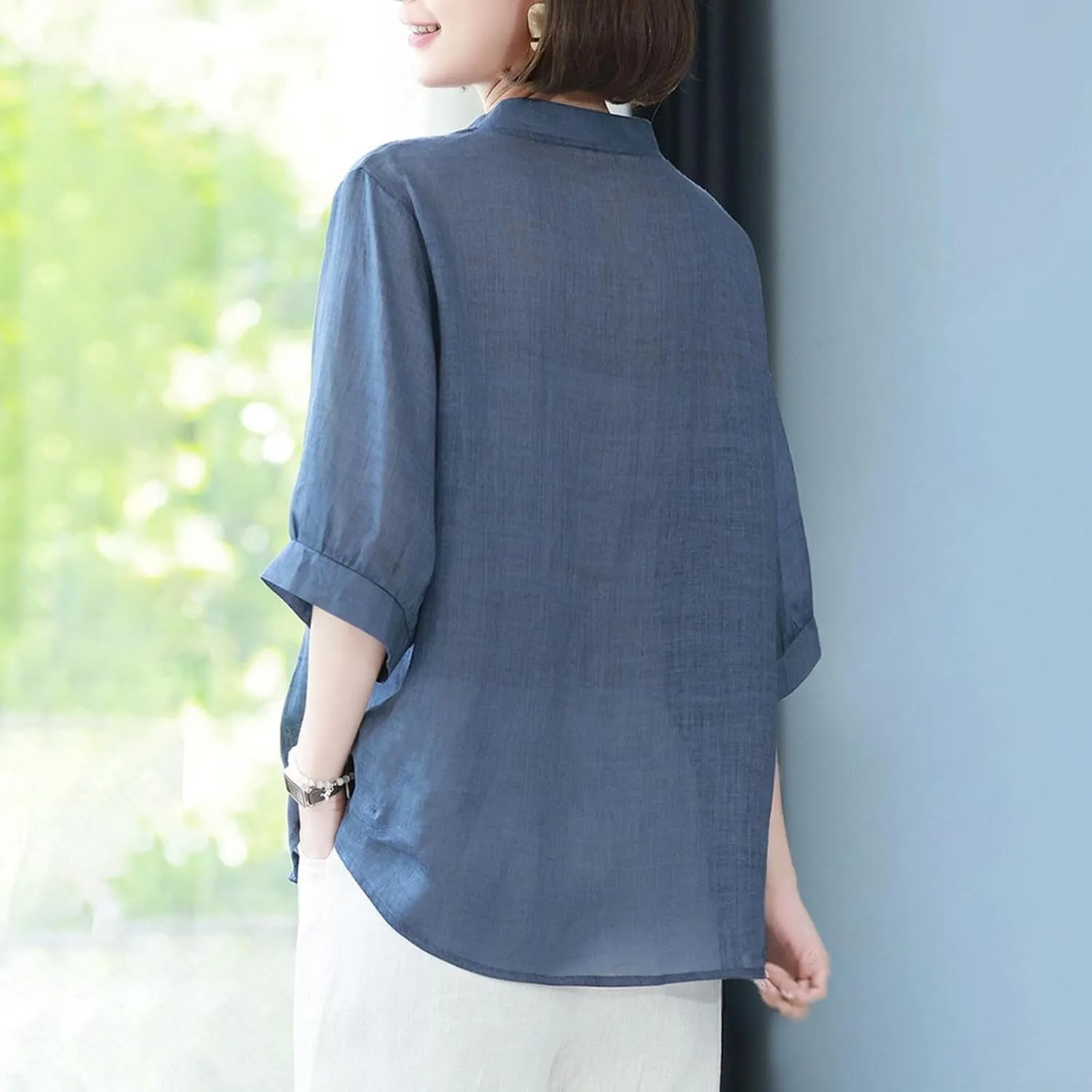 Linen Tops for Women Sleeve Casual Loose V Neck Cotton Linen Tee Shirts Ethnic Embroidered 2025 Trendy Summer Tops
