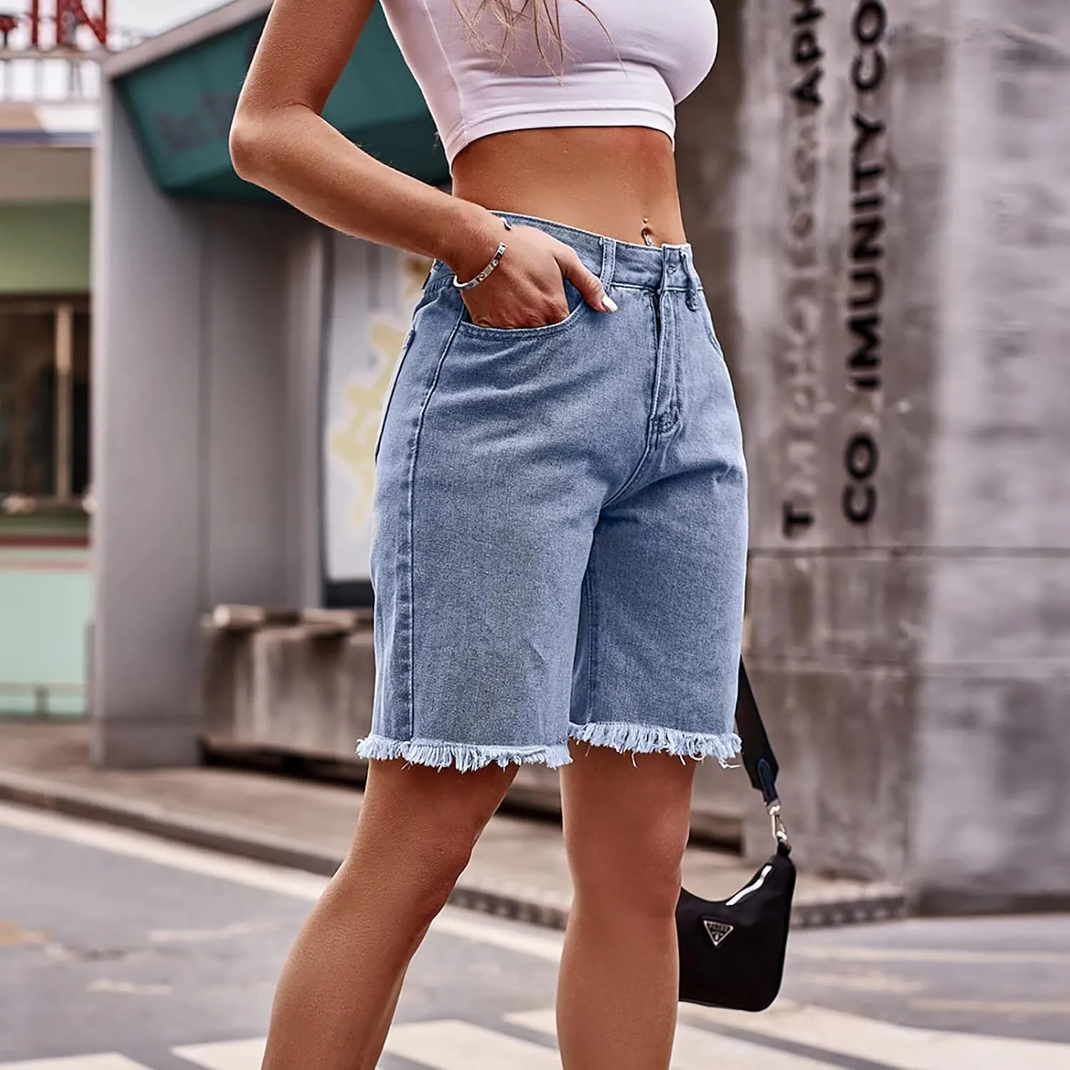 LIXIAO Women's Casual Mid Rise Denim Shorts Stretch Ripped Raw Hem Jean Shorts High Waisted Shorts Women