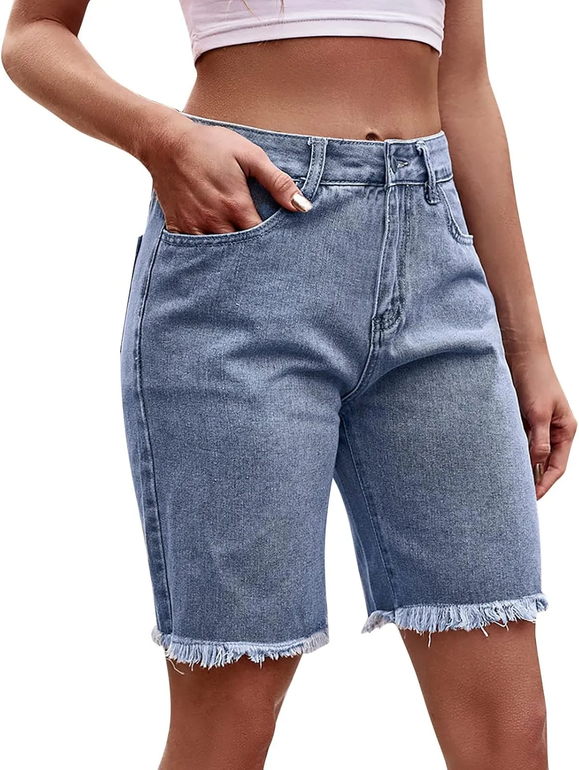 LIXIAO Women's Casual Mid Rise Denim Shorts Stretch Ripped Raw Hem Jean Shorts High Waisted Shorts Women