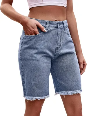 LIXIAO Women's Casual Mid Rise Denim Shorts Stretch Ripped Raw Hem Jean Shorts High Waisted Shorts Women