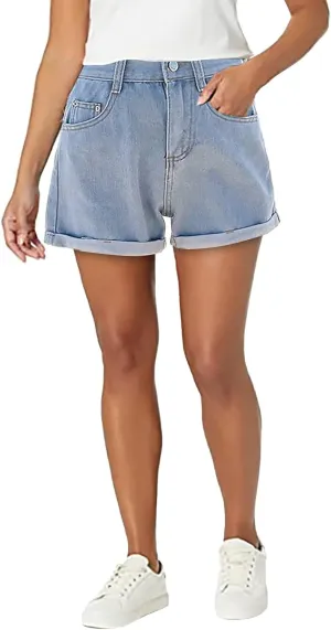 LIXIAO Women's Casual Mid Rise Denim Shorts Stretch Ripped Raw Hem Jean Shorts High Waisted Shorts Women