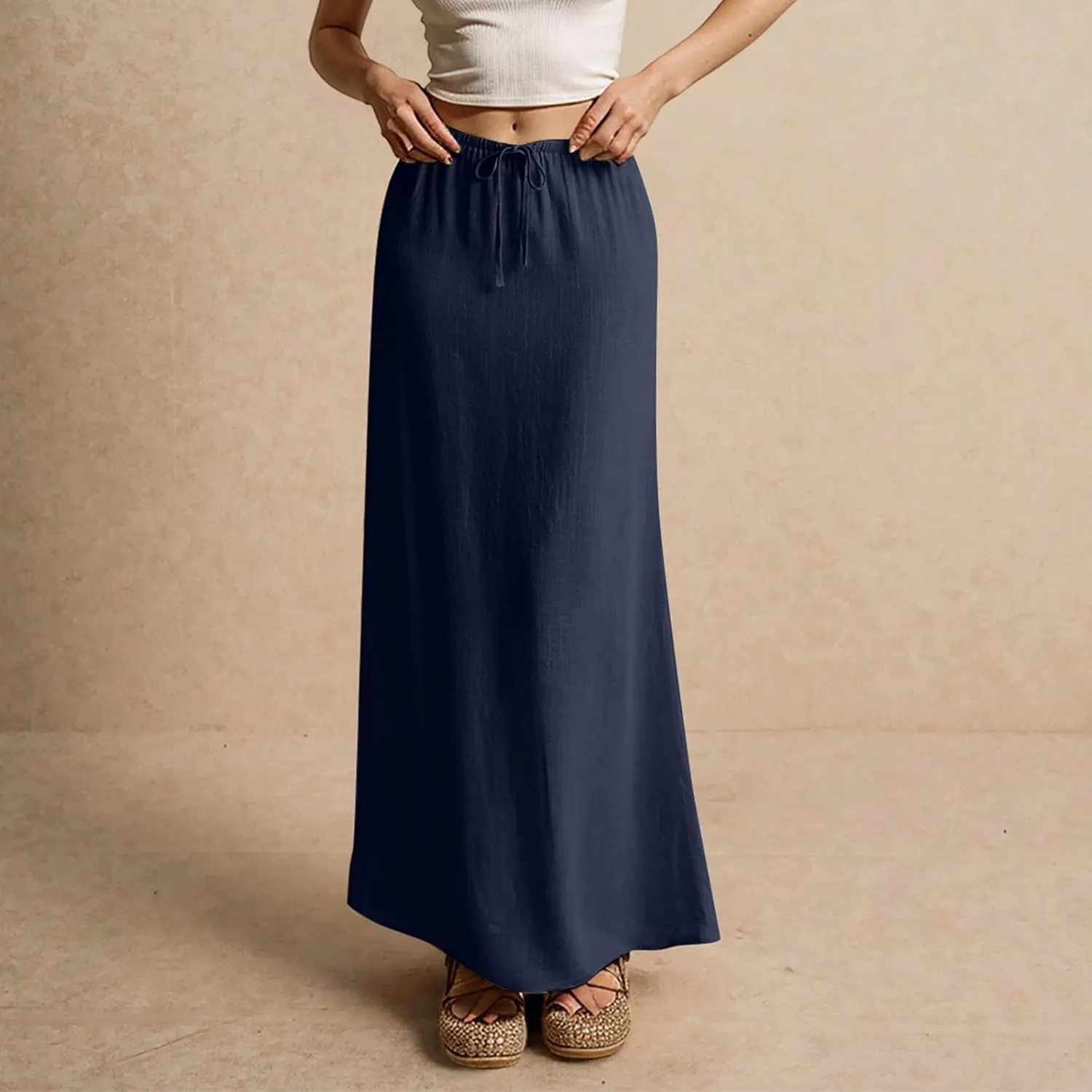 Long Flowy Skirts for Women Summer Womens Linen Maxi Skirt with Slit Comfy Drawstring Low Rise Skirts Plus Size